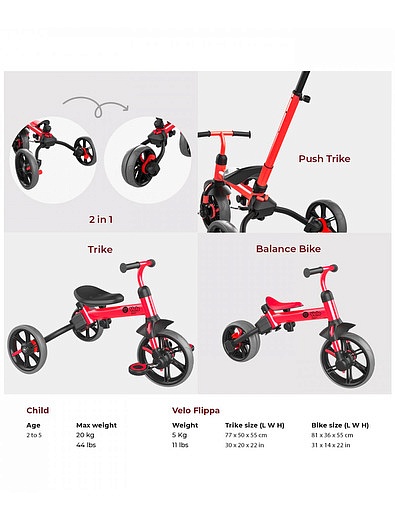 Красный беговел-велосипед 4 в 1 YVelo Flippa YVolution - 5414529170055 - Фото 4